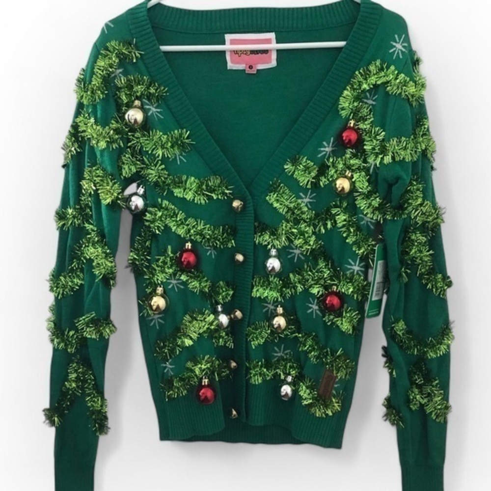 NWT Tipsy Elves Ugly Christmas Sweater Cardigan Garland Tinsel Bells Small